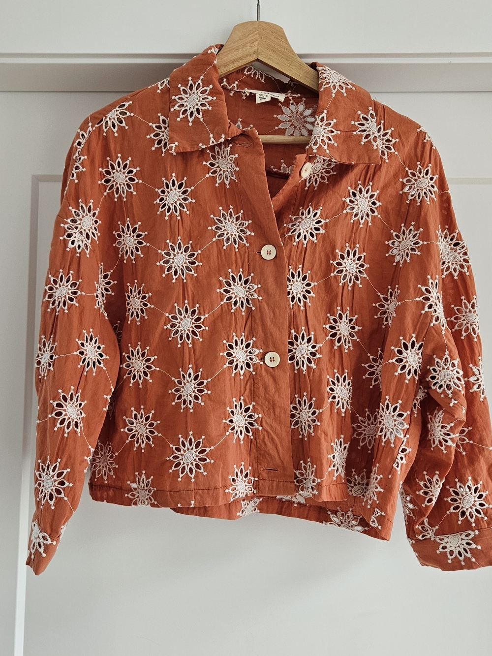 THEKorner Rust Orange Eyelet Embroidered Cropped Button Up Blouse Size S Boho